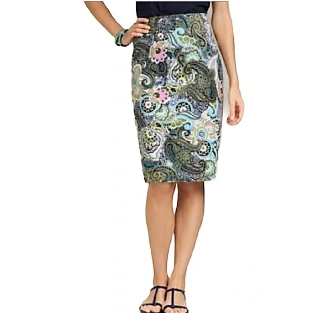 TALBOTS Pencil Skirt Paisley Print Cotton Stretch White Blue Green sz 4 Career